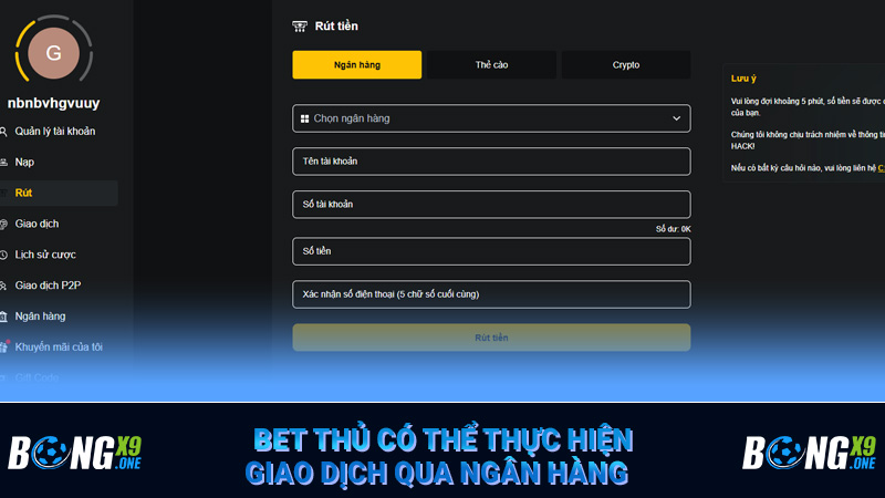 Bet thủ có thể thực hiện giao dịch qua ngân hàng