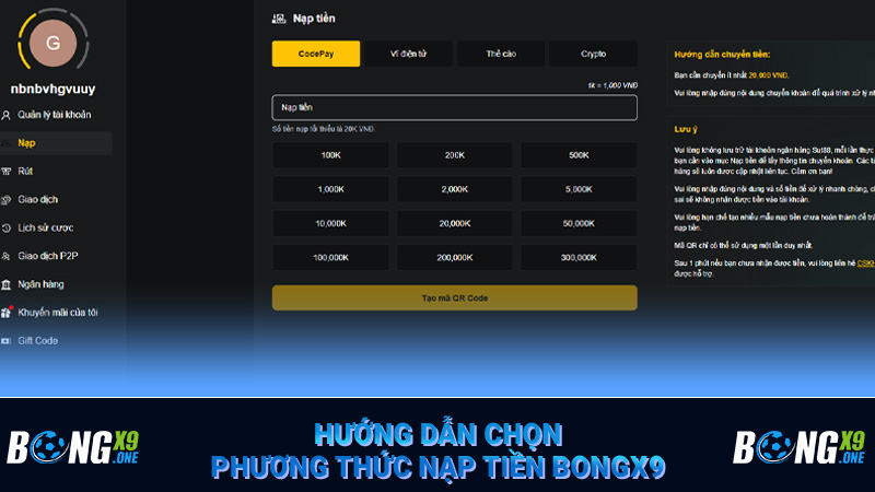 Hướng dẫn chọn phương thức nạp tiền Bongx9