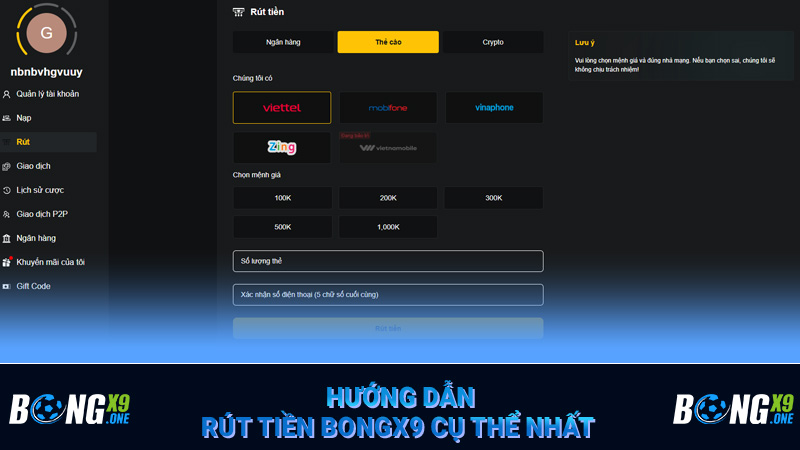 Hướng dẫn rút tiền Bongx9 cụ thể nhất